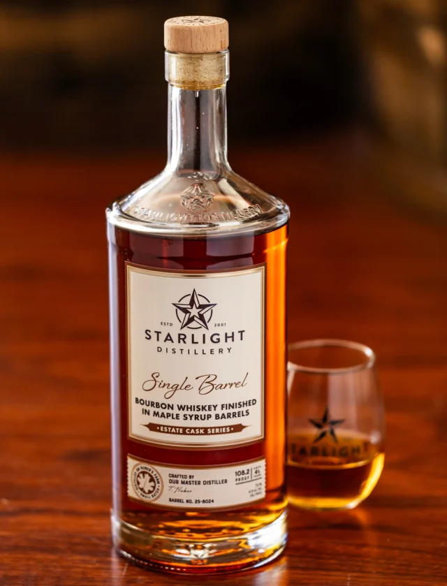 Now available at the Distillery! 🥃
Bourbon Whiskey finished in maple syrup barrels. Aged 4.5 years and comes in at 108.2 proof. This has the perfect balance of maple sweetness and bourbon spice.
Available now at the distillery.

#starlightdistillery #bourbonwhiskey #distillery