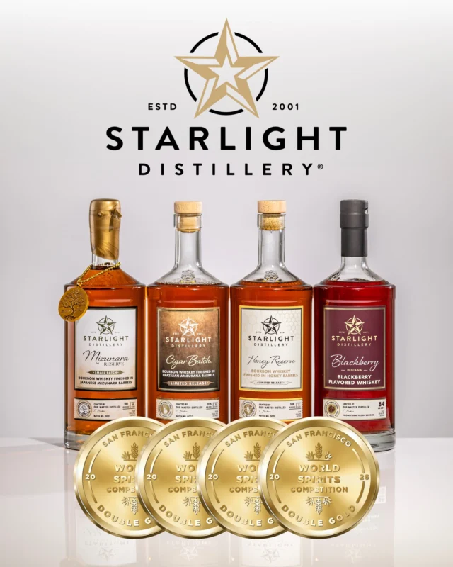 We’re proud to announce that Starlight Distillery took home 4 DOUBLE GOLD awards at the 2026 San Francisco World Spirits Competition for:
Mizunara Reserve Bourbon: 99 points
Blackberry Whiskey: 99 points
Cigar Batch Bourbon: 97 points
Honey Reserve Bourbon: 96 points

Putting Indiana craft whiskey on the map one bottle at a time.
.
.
.
#bourbon #whiskey #bourbonwhiskey #sfwspiritscomp #indiana